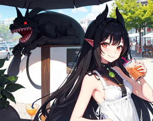 Prompt: monstergirl, void creature, holding a drink, cafe, sundress, smiling