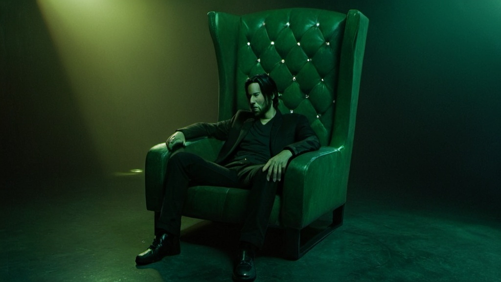 Prompt: Young Keanu reeves sitting in matrix armchair, looking at his hand