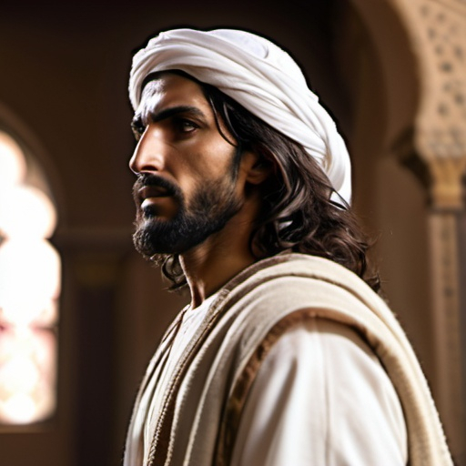 Prompt: a side face angle of an Arabic Jesus, serious look, ready to fight, facing an opponent, coarse hair, mouth closed, left faced