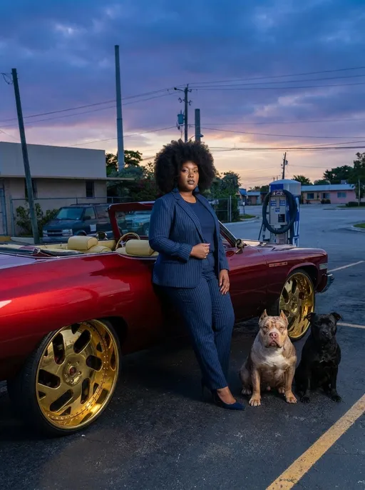 Prompt: stand the lady leaning against the car facing forward, change it to look like early dawn, and sit the two dogs next to her facing forward as well