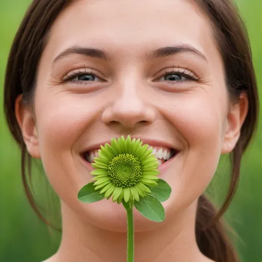 Prompt: a "healthy" green flower in the middle of a happy smiling healthy person