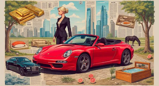 Prompt: Cut out collage, the central element is а blonde woman in formal black suit with her hair pulled back into a bun drives a red Porsche cabriolet, the other elements of the collage are: gold bars, sushi from an expensive restaurant, a penthouse, a glass skyscraper, a Rolls-Royce Ghost, a stable, black horse, a racing car, a sauna tub in the middle of the forest filled with water, pine needles and grapefruit slices, vibrant colors, high details