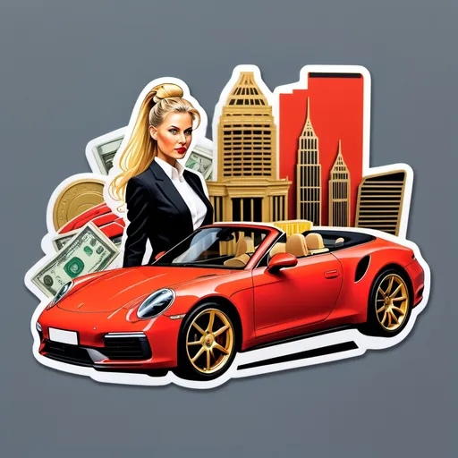 Prompt: Cut out collage, the central element is а blonde woman in formal black suit with her hair pulled back into a bun drives a red Porsche 911 cabriolet, the other elements of the collage are: gold bars, money, golden sushi, a penthouse, glass skyscrapers, a Rolls-Royce Ghost, a stable, black horse, a racing car, elements of rich luxury life , vibrant colors, high details