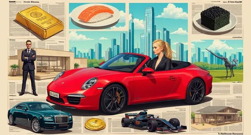 Prompt: Cut out collage, the central element is а blonde woman in formal black suit with her hair pulled back into a bun drives a red Porsche 911 cabriolet, the other elements of the collage are: gold bars, luxury SPA, money, tuna sushi, plate of black caviar, cowboy hat, a penthouse, glass skyscrapers, a Rolls-Royce Ghost, security guard with a gun, a stable, black horse, Formula 1, luxury life , vibrant colors, highly detailed, boasting an exceptionally high resolution,