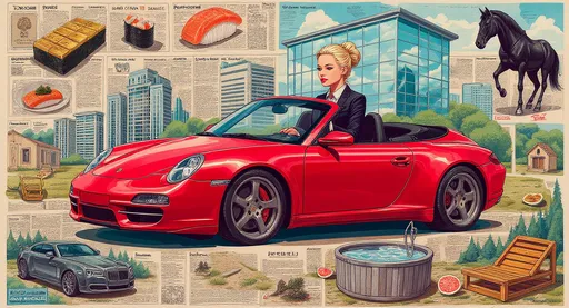 Prompt: Cut out collage, the central element is а blonde woman in formal black suit with her hair pulled back into a bun drives a red Porsche cabriolet, the other elements of the collage are: gold bars, sushi from an expensive restaurant, a penthouse, a glass skyscraper, a Rolls-Royce Ghost, a stable, black horse, a racing car, a sauna tub in the middle of the forest filled with water, pine needles and grapefruit slices, vibrant colors, high details