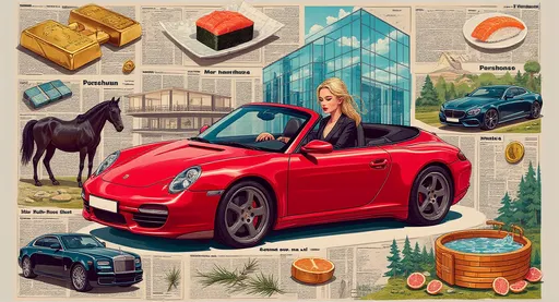 Prompt: Cut out collage, the central element is а blonde woman in formal black suit with her hair pulled back into a bun drives a red Porsche cabriolet, the other elements of the collage are: gold bars, sushi from an expensive restaurant, a penthouse, a glass skyscraper, a Rolls-Royce Ghost, a stable, black horse, a racing car, a sauna tub in the middle of the forest filled with water, pine needles and grapefruit slices, vibrant colors, high details