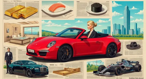 Prompt: Cut out collage, the central element is а blonde woman in formal black suit with her hair pulled back into a bun drives a red Porsche 911 cabriolet, the other elements of the collage are: gold bars, luxury SPA, money, tuna sushi, plate of black caviar, cowboy hat, a penthouse, glass skyscrapers, a Rolls-Royce Ghost, security guard, a stable, black horse, Formula 1, luxury life , vibrant colors, highly detailed, boasting an exceptionally high resolution,