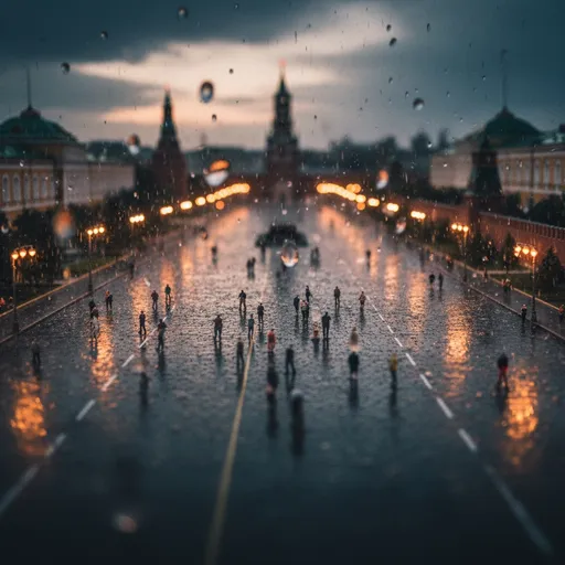 Prompt: Arial view on the rainy Moscow micro-city center with a Kremlin and red Square, evening, micro- humans the size of an ant are walking in the streets, they are realistic as real people, microphotography, cinematic aerial view, ultradetailed, photorealistic, noisy shadows