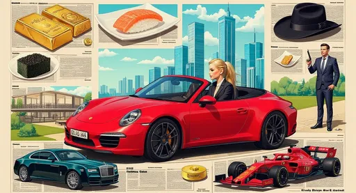Prompt: Cut out collage, the central element is а blonde woman in formal black suit with her hair pulled back into a bun drives a red Porsche 911 cabriolet, the other elements of the collage are: gold bars, luxury SPA, money, tuna sushi with gold, plate of black caviar, cowboy hat, a penthouse, glass skyscrapers, a Rolls-Royce Ghost, security guard with a gun, a stable, black horse, Formula 1, luxury life , vibrant colors, highly detailed, boasting an exceptionally high resolution,