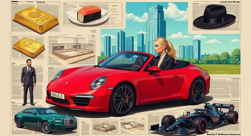 Prompt: Cut out collage, the central element is а blonde woman in formal black suit with her hair pulled back into a bun drives a red Porsche 911 cabriolet, the other elements of the collage are: gold bars, luxury SPA, money, tuna sushi, plate of black caviar, cowboy hat, a penthouse, glass skyscrapers, a Rolls-Royce Ghost, security guard with a gun, a stable, black horse, Formula 1, luxury life , vibrant colors, highly detailed, boasting an exceptionally high resolution,