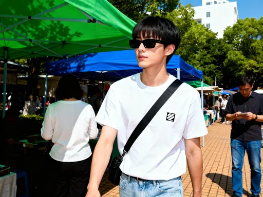 Prompt: This photograph captures a young Asian man walking outdoors in a bustling, sunlit market or fair. He has a medium build, fair skin, and short black hair with bangs. He is wearing a plain white t-shirt with a small black and white logo on the left chest, and light blue jeans. His accessories include black rectangular sunglasses and a black crossbody bag with a strap that hangs diagonally across his chest. The man's expression is neutral, and he looks slightly to his left.

In the background, there is a vibrant green and blue tent canopy, which casts shadows on the ground. Several other people are visible, including a woman in a white top with her back to the camera, and a man in a dark shirt and blue jeans who is standing to the right, looking down at something in his hands. The ground is paved with light brown tiles, and there are lush green trees and a white building partially visible in the upper right background. The overall atmosphere is lively and crowded, with bright daylight enhancing the vivid colors and textures of the scene.