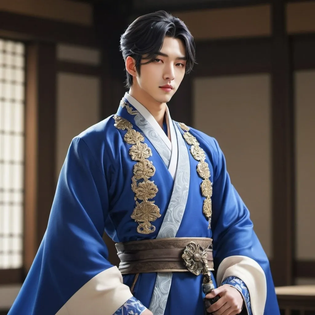 Prompt: man, 25 years old, handsome, korean, royal clothes, king son, blue, stand, general anime style