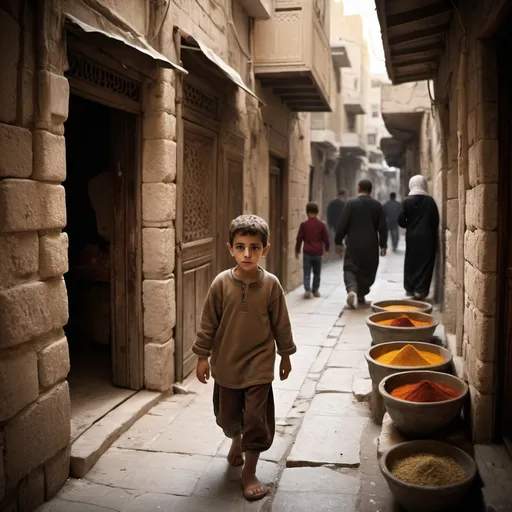 Prompt: a young Syrian boy lost in the bustling streets of Damascus, his small figure weaving through a maze of ancient stone buildings and narrow alleys, the streets filled with the aromas of spices and the chatter of vendors, an air of confusion and fear in his eyes, the city's rich history and vibrant culture creating a stark contrast to his solitude, dusk settles casting long shadows and bathing the scene in a warm golden glow, --ar 2:3 --c 18 --s 700 --q 2