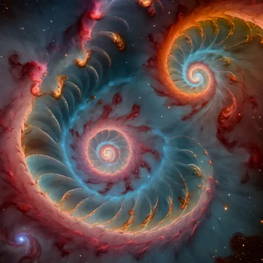 Prompt: A full color Fibonacci orenz spirals warm nebulas