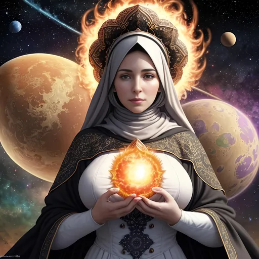 Prompt: full color endless sky on julia, newton and hyperbolic fractal multi cosmos, best looking giant big-breasted very good mature wife in the fire, sun and fire planets, very hot, with perfect composition, insanely detailed, highly detailed, good quality 4K HD,  white skin, a sharp small nose, a full dark color mandelbort fractal lacy hijab, NFSW, very beautiful detailed eyes, a modest long full-sleeved full dark color voronoi fractal dress, full body and a fantasy background.
