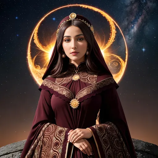 Prompt: full color fibonacci twin spiral and voronoi fractal space sun and stars on crescent foreground, A beautiful and real Ottoman wife photo, with perfect composition, insanely detailed, highly detailed, good quality full HD, brown skin, a sharp small nose, a full dark color classic low bundle style curly hair, maroon eyes, wearing a dark maroon transparent lacy dress and a white veil