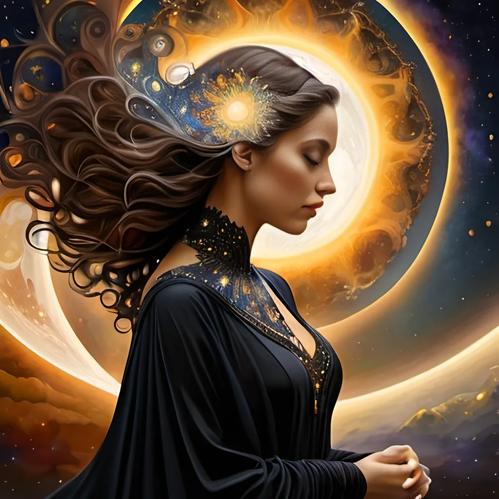 Prompt: {{{{highest quality concept art masterpiece}}}} digital drawing oil painting with full color julia fractal clusters Formula: z² + c + (z² + c) / (3z³ + c) background in fibonacci spiral voronoi nebulae and galaxies and planets and moon, Best looking woman in the world There is sun in her hair,  sun and moon in hands, with perfect composition, insanely detailed, highly detailed, good quality full HD,  white skin, a sharp small nose, a black transparent shawl, brown eyes, a modest long full-sleeved black dress, full body and a castle background.
