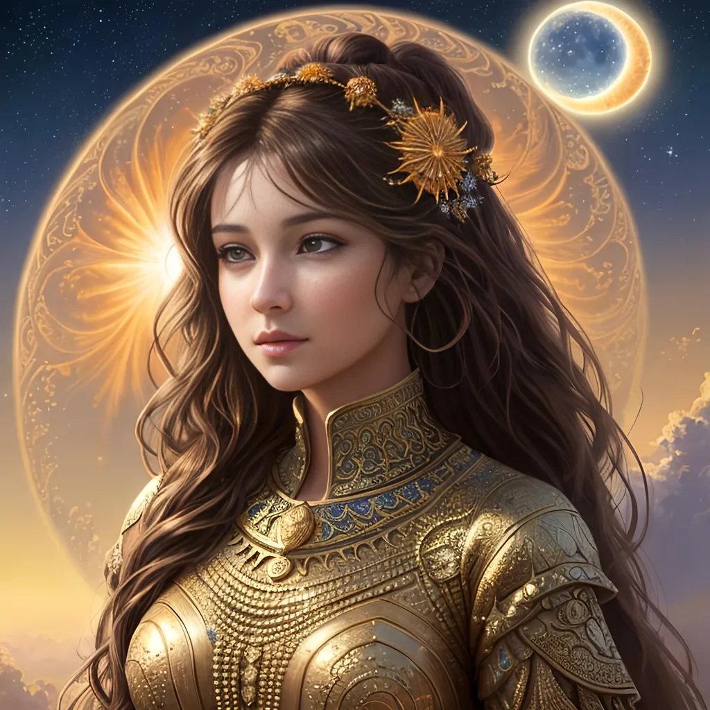 Prompt: {{{{highest quality concept art masterpiece}}}} digital drawing oil painting with full color julia fractal clusters background in fibonacci spiral voronoi sky and sun and moon, Best looking woman in the world There is sun in her hair, with perfect composition, insanely detailed, highly detailed, good quality full HD,  brown skin, a sharp small nose, a black transparent shawl, brown eyes, a modest long full-sleeved black dress, full body and a castle background.
