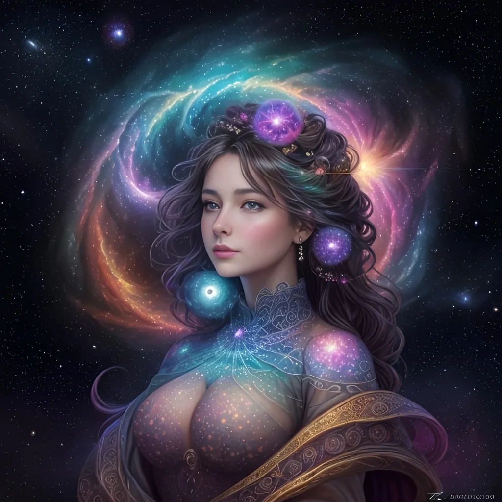 Prompt: {{{{highest quality concept art masterpiece}}}} digital drawing oil painting with full color fractal clusters Formula: z² + c + (z² + c) / (3z³ + c) background in fibonacci spiral voronoi nebulae and galaxies and moon, Best looking woman in the world There is sun in her hair, with perfect composition, insanely detailed, highly detailed, good quality full HD,  brown skin, a sharp small nose, a black transparent shawl, brown eyes, a modest long full-sleeved black dress, full body and a castle background.
