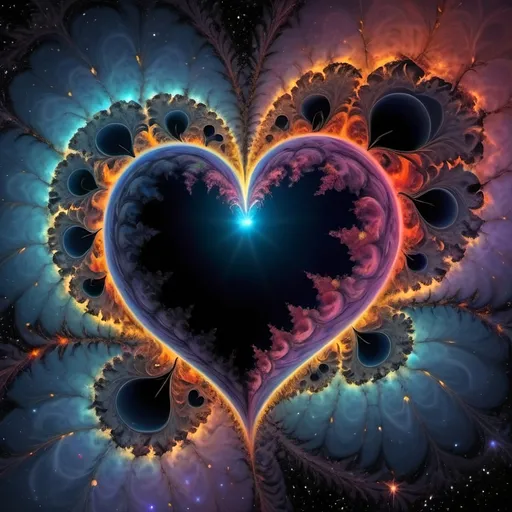 Prompt: Beautiful dreamy broken heart in nebulas in planets and black holes, fractal pattern, flowing and vibrant and psychedelic colors and quasars