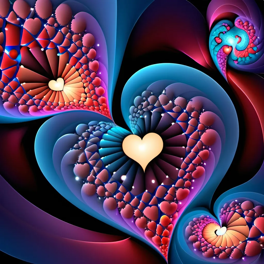 Prompt: Happy Valentine's day. Surrounded by full color voronoi stars in julia fractal sky planets stars nebulas and fibonacci galaxies cardioid background and foreground full color julia sets fractal Formula: z² + c + (z² + c) / (3z³ + c) voronoi ocean