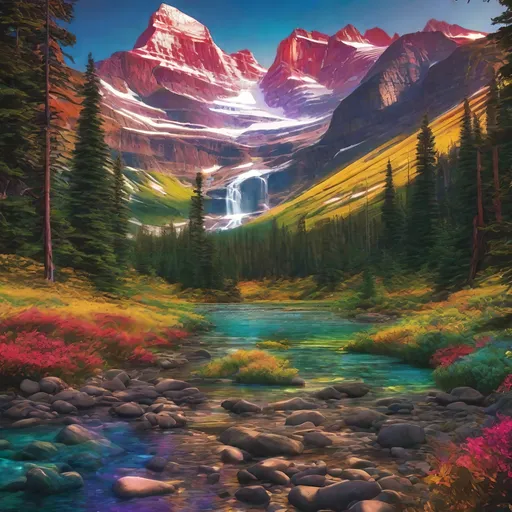 Prompt: Ultra-realistic. Dive into a world of laser-etched creativity with a reinterpretation of Glacier National Park, whose gems are diamonds, rubies and amber, filled with vibrant colors and intricate details. Complement this artistry with a prism photography technique, highlighting the interplay of light and colors. 4k hd color.