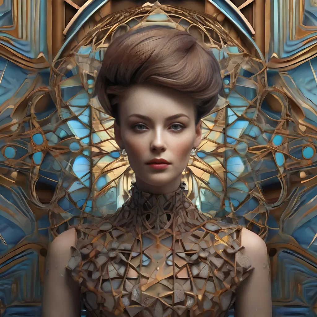 Prompt: visible full body elegant female full color mid-brown Fractal parabolical geometry on voronoi wires dressed as french artist, looking at viewer, photography, Stunning, updo, detailed skin, extremely detailed face with eyes and iris, luxury jewelry, old manor Grease style realistic, photo-realistic,  highly detailed, full length frame, piercing,  amazing colors, surrounded by full color voronoi on julia clusters fractal sky, full color Fractal geometry exists in the foreground knowledge of the world, diffused soft lighting, shallow depth of field, sharp focus, hyperrealism, cinematic lighting highest quality, highest detail, Cinematic, Long Exposure,