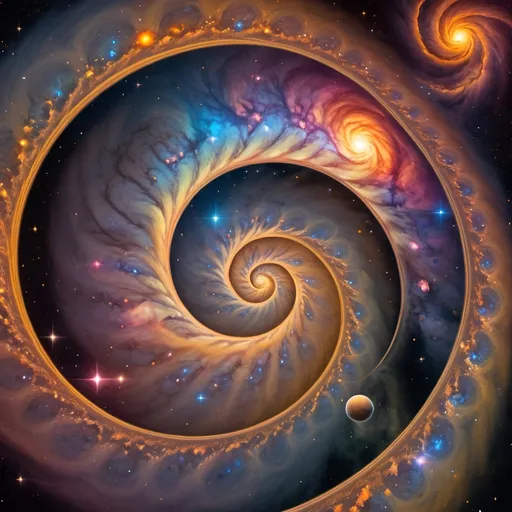 Prompt: A full color Fibonacci orenz spirals warm nebulas and Galactic spiral in space with planets, stars, meteors, flying flowers, vibrant cosmic colors, high-res, digital art, surreal, dreamy, glowing light, ethereal atmosphere, celestial elements, cosmic fantasy, space art, vibrant nebulas, interstellar journey