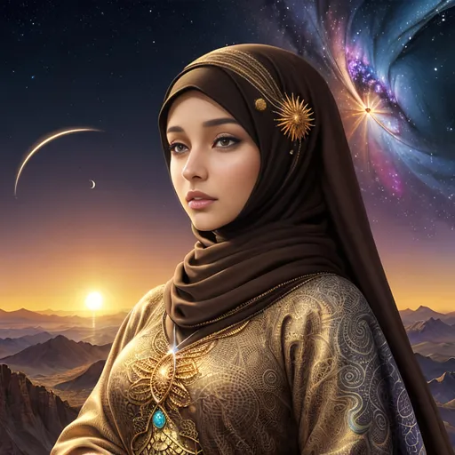 Prompt: {{{{highest quality concept art masterpiece}}}} digital drawing oil painting with full color fractal clusters Formula julia background in fibonacci spiral voronoi sky and sun and crescent moon, Best looking hijab woman in the world, with perfect composition, insanely detailed, highly detailed, good quality full HD,  brown skin, a sharp small nose, brown eyes, a modest long full-sleeved black dress, full body and a bubble universes background.
