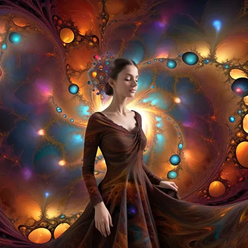 Prompt: Beautiful swirl vortex dreamy fractal quasar planets broken heart in eye in fantastically sky woman a sharp small nose, a full dark color mandelbort fractal clusters shawl, brown eyes, a modest long full-sleeved full color julia fractal lacy dress, fire emitted in nebulas in planets and galaxies, julia fractal clusters pattern, flowing and vibrant and psychedelic multi colors on background, 4k, uhd