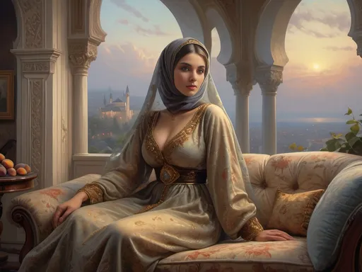 Prompt: beautiful Ottoman woman  glamor of wintage furniture in castle, gros seins, (high detailed) in the sofa of soft warm lights with seins of figs fruit by Jean-Léon Gérôme, brown very long updo balayage hairs, Insanely detailed full body portrait photography of a majestic beautiful fierce and voluptions, niqab. abaya, WLOP, dynamic lighting, hyperdetailed, Intricately Detailed, Photorealism, Filmic, deep color, #film, 8K resolution etherealfantasy hyperdetailed mist Thomas Kinkade