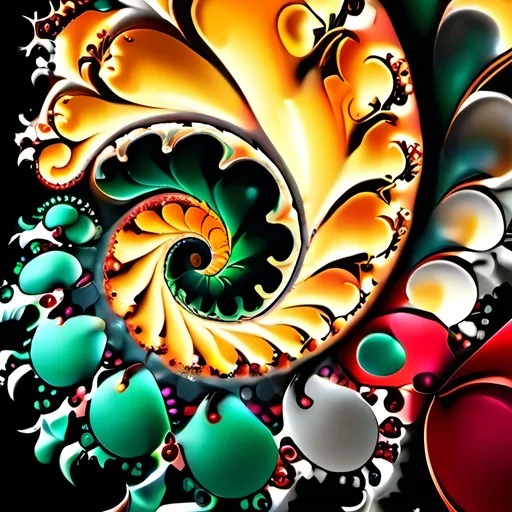 Prompt: Golden and silver and amber and emerald and ruby Mandelbrot fractal with magical swirls, abstract splash, metro-cudio maker, vibrant color palette, high quality, surrealism style, abstract, detailed patterns, intricate design, ethereal lighting