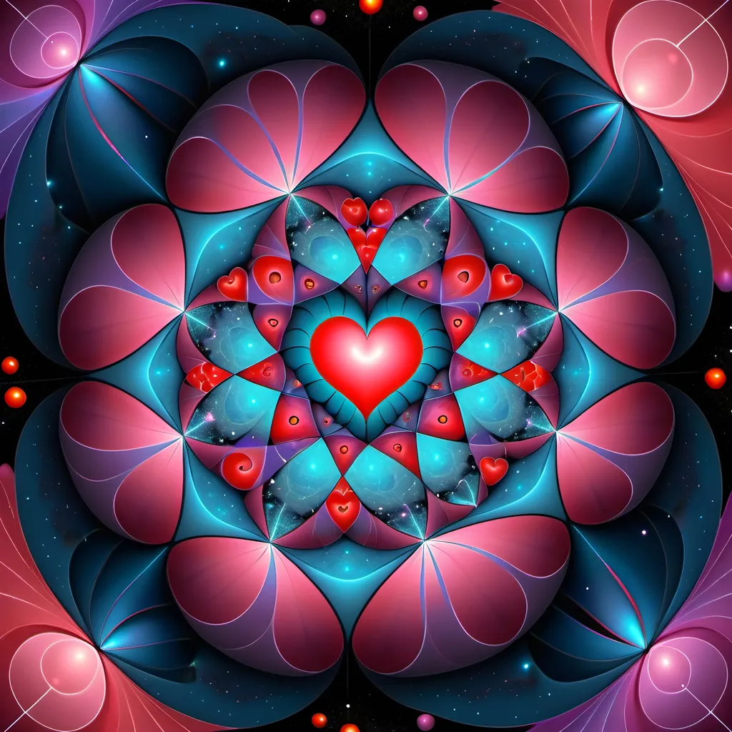 Prompt: Happy Valentine's day. Surrounded by full color fibonacci voronoi stars in julia fractal sky planets pentacles nebulas and spiral galaxies asymetric cardioid background and foreground full color julia sets fractal Formula: z² + c + (z² + c) / (3z³ + c) voronoi ocean