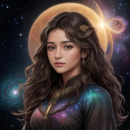 Prompt: {highest quality concept art masterpiece} {visible textured brush strokes}, background galaxies, nebulae, sky, sun, crescent moon and in voronoi composition fractal clusters, Best looking woman in the world, long curly brown balayage hair, with perfect composition, insanely detailed, highly detailed, good quality full HD,  brown skin, a sharp small nose, a black transparent lacy dress, brown eyes.
