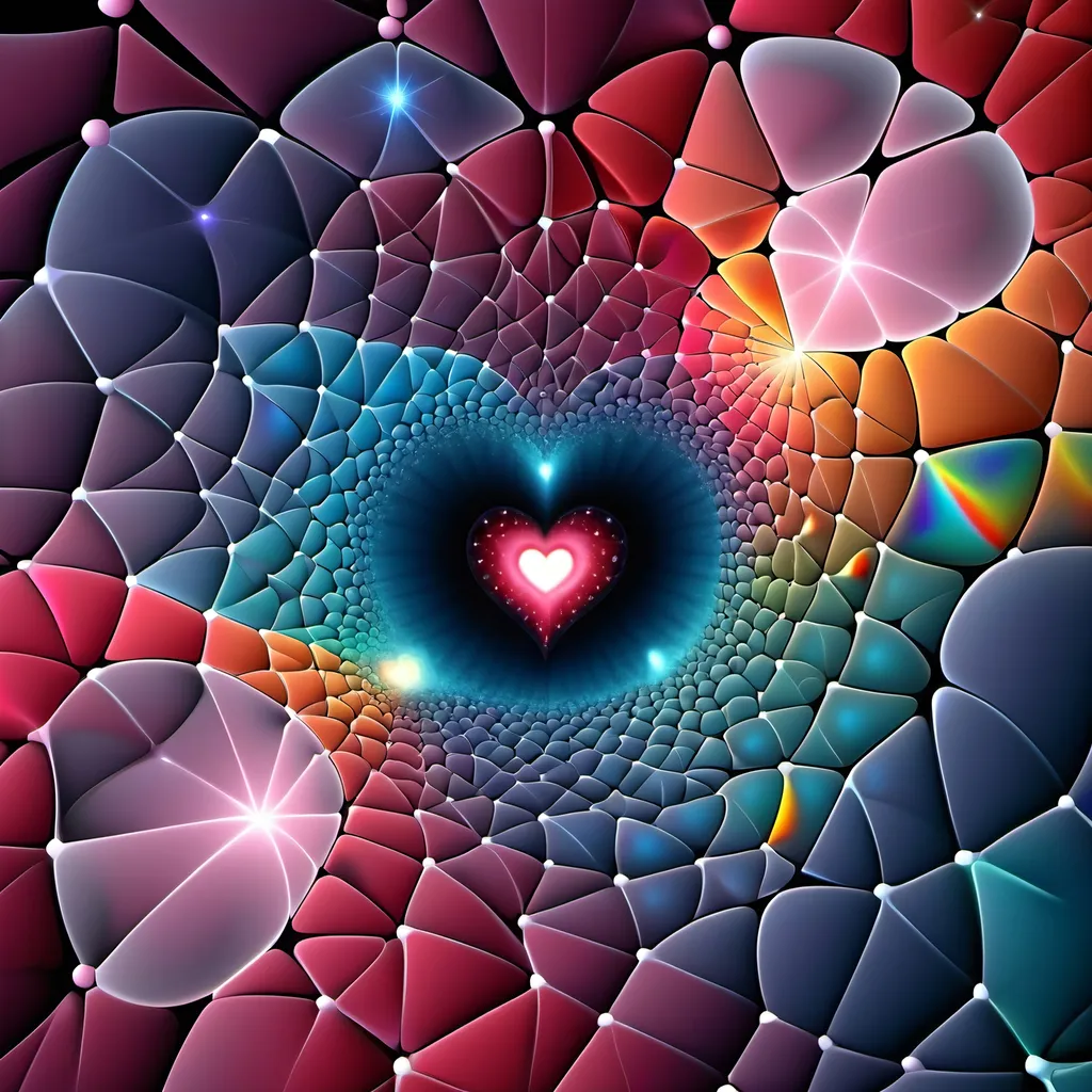 Prompt: Happy Valentine's day. Surrounded by full color voronoi stars in julia fractal sky planets stars nebulas and fibonacci galaxies background and foreground full color julia sets fractal Formula: z² + c + (z² + c) / (3z³ + c) voronoi ocean