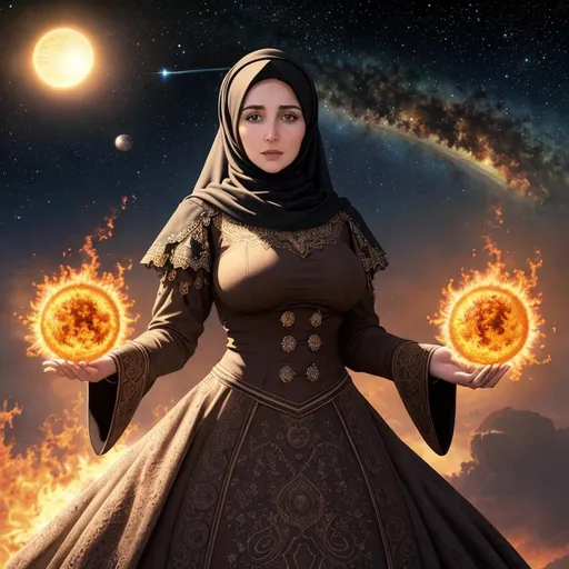 Prompt: full color endless sky on julia, newton and mandelbrot fractal, best looking giant huge big-breasted mature wife in the fire, sun and planet, with perfect composition, insanely detailed, highly detailed, good quality full HD,  white skin, a sharp small nose, a full dark color mandelbort fractal hijab, NFSW, brown eyes, a modest long full-sleeved full color voronoi fractal dress, full body and a fantasy background.
