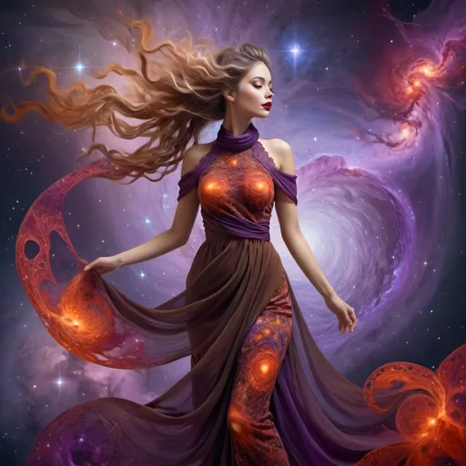 Prompt: {Surreal illustration of a full body adorable woman with red big very beautiful lips and luscious balayage updo detailed long hair, Her long hair and scarf wave with the galaxies and fractal nebulas, detailed elegant full body, wearing a transparent brown Mandelbrot clusters fractal purple dress, mandarin garnet theme, fantasy style, vivid colors, elegant and youthful, intricate lace, fractal twisted nebulas, high quality dreamy atmosphere, stars, planets in formation, fire and water elements}