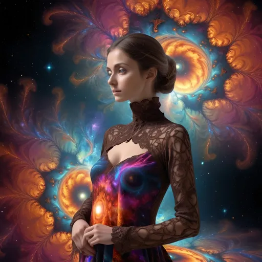 Prompt: Beautiful swirl vortex dreamy fractal quasar planets broken heart in eye in fantastically sky on full body woman a sharp small nose, a full dark color mandelbort fractal clusters shawl, brown eyes, a modest long full-sleeved full color julia fractal lacy dress, fire emitted in nebulas in planets and galaxies, julia fractal clusters pattern, flowing and vibrant and psychedelic multi colors on background, 4k, uhd
