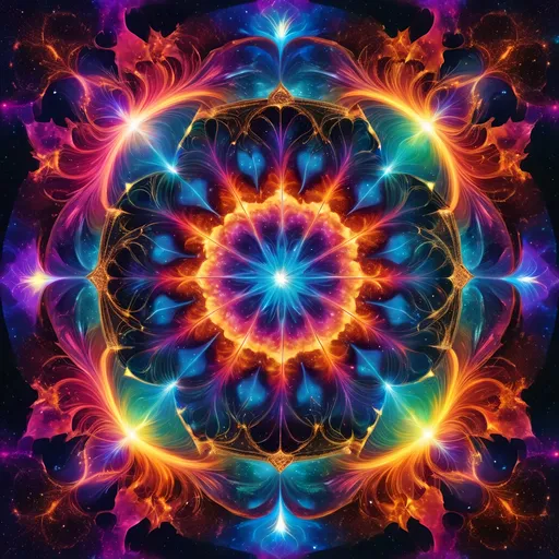 Prompt: Flames from the cracks and Cosmos, galaxies and nebulas on The Skald's Sinuous Melodies soundtrack created with sine and cosine curve laser lights and the broken partially fibonacci spiral mandala's aurora in the crevices visible with vibrant, sparkling metallic and fusion explosions to the beat