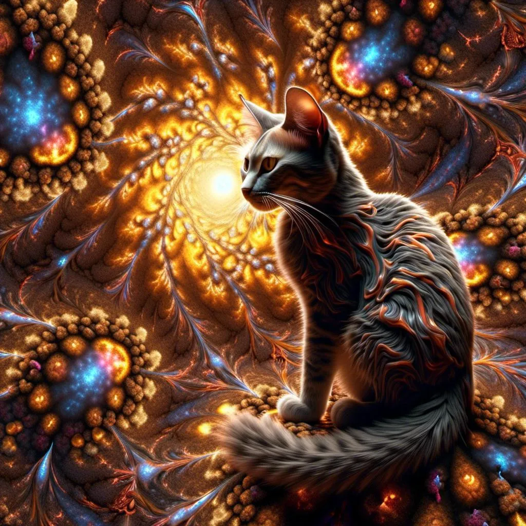 Prompt: <mymodel>full color julia clusters fractal brown An organic surface generated with Perlin noise and Fractal geometry in space and supernova,  spectacular wild taby cat, holding the sun so bright in its paw highly-detailed, high resolution, 3d, hd, uhd.