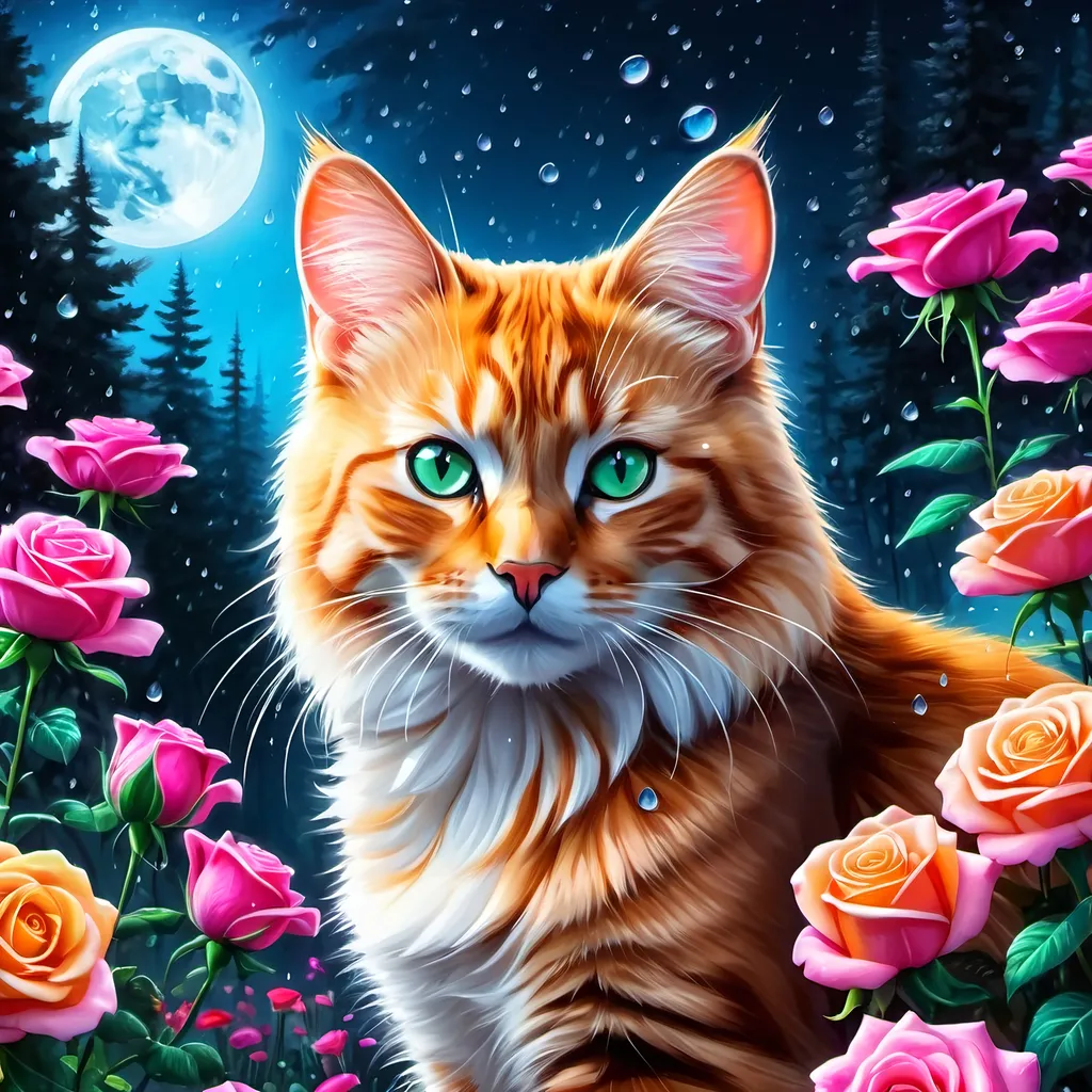 Prompt: Make a neon tabby cat on moon light, neon colorful forest, cat is bright and glowing, beautiful clower and rose flowers, hyper realistic, hyper detailed, painting, masterpiece, wallpaper, more flowers, some rain drops, 