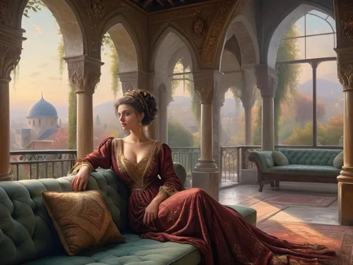 Prompt: beautiful Ottoman woman  glamor of wintage furniture in castle, gros seins, (high detailed) in the sofa of soft warm lights with seins of figs fruit by Jean-Léon Gérôme, brown very long updo balayage hairs, Insanely detailed full body portrait photography of a majestic beautiful fierce and voluptions, abaya, WLOP, dynamic lighting, hyperdetailed, Intricately Detailed, Photorealism, Filmic, deep color, #film, 8K resolution etherealfantasy hyperdetailed mist Thomas Kinkade