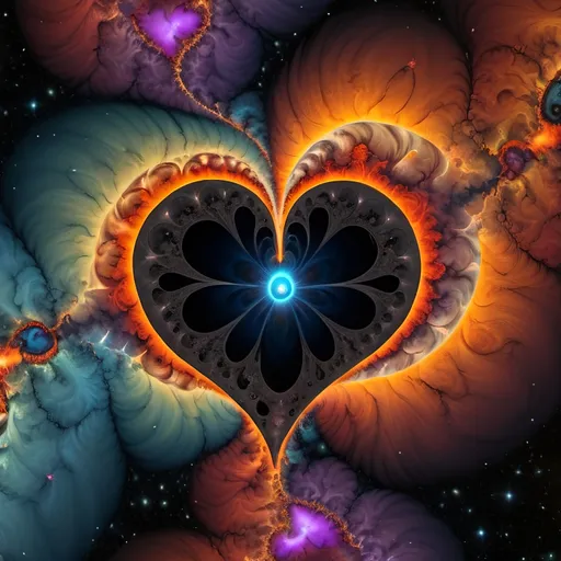 Prompt: Beautiful dreamy broken heart fire emitted in nebulas in planets and black holes, mandelbrot fractal pattern, flowing and vibrant and psychedelic colors and quasars