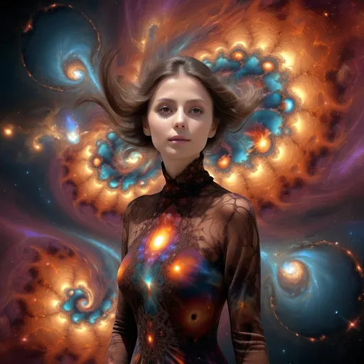 Prompt: Beautiful swirl vortex dreamy fractal quasar planets broken heart in eye in fantastically sky on full body woman a sharp small nose, a full dark color julia fractal clusters shawl, brown eyes, a modest long full-sleeved full color mandelbort fractal lacy dress, fire emitted in nebulas in planets and galaxies, julia fractal clusters pattern, flowing and vibrant and psychedelic multi colors on background, 4k, uhd