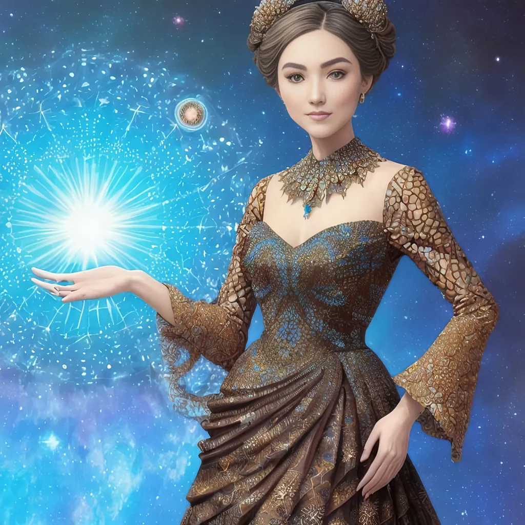 Prompt: Asymetric image, Surrounded by full color voronoi stars in julia sets mandelbort fractal sky background integrated full body elegant woman holds the sun in her hand full color brown dressed as ottoman fractal lacy full body shawl and looking at viewer, photography, Stunning, happy, updo balayage, detailed skin, extremely detailed face with eyes and iris, luxury jewelry, old manor Grease style realistic, photo-realistic,  highly detailed, full length frame, amazing warm colors, full color Fractal mandelbort geometry exists in the foreground knowledge of the world, diffused soft lighting, shallow depth of field, sharp focus, hyperrealism, cinematic lighting highest quality, highest detail, Cinematic, Long Exposure,