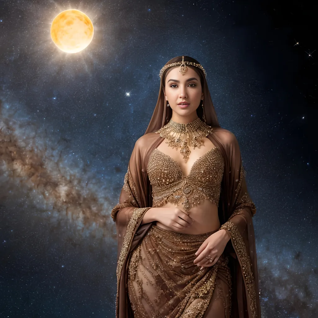 Prompt: Surrounded by full color voronoi stars in julia sets mandelbort fractal sky and sun background, full body elegant female full color brown dressed as ottoman fractal lacy full body abaya and looking at viewer, photography, Stunning, happy, updo balayage, detailed skin, extremely detailed face with eyes and iris, luxury jewelry, old manor Grease style realistic, photo-realistic,  highly detailed, full length frame, amazing warm colors, full color Fractal mandelbort geometry exists in the foreground knowledge of the world, diffused soft lighting, shallow depth of field, sharp focus, hyperrealism, cinematic lighting highest quality, highest detail, Cinematic, Long Exposure,