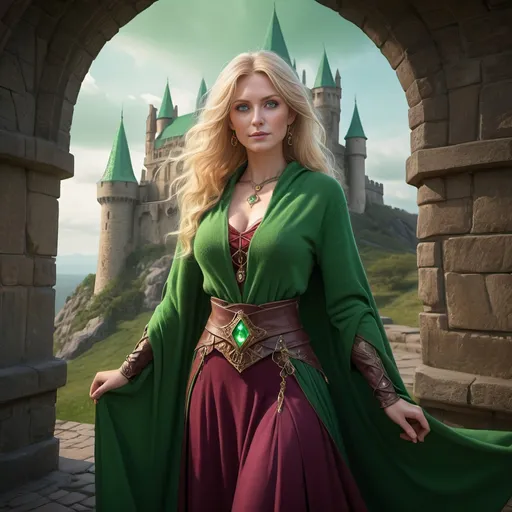 Prompt: full body beautiful woman Lady wizard 47 years old blonde hair, green eyes, 4k, ultra HD, detailed, DnD 5e, castle setting, detailed eyes, epic fantasy, high-quality rendering, atmospheric lighting, Fantasy illustration of a majestic beautiful face and eyes, maroon skirt, green sweater, full body shawl, high fantasy, detailed eyes, vibrant colors, ethereal lighting, high quality, fantasy style, mystical, regal attire