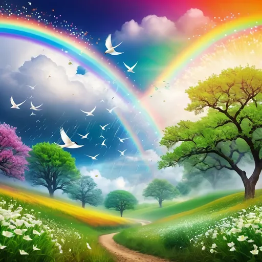 Prompt: Spring forest consisting of oak trees and full detailed white swallows with leaves and clouds in fireworks and perfect rainbow with rain natural style