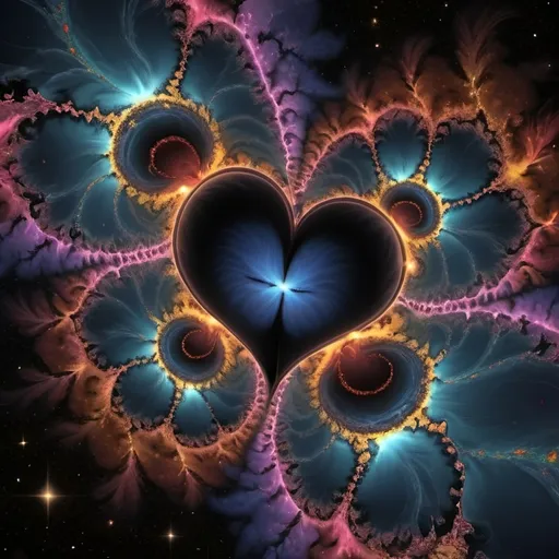 Prompt: Beautiful dreamy broken heart light emitted in nebulas in planets and black holes, mandelbrot fractal pattern, flowing and vibrant and psychedelic colors and quasars