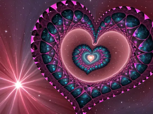 Prompt: Happy Valentine's day my heart. Surrounded by full color fibonacci voronoi stars and cardioids in julia fractal sky planets pentacles nebulas and spiral galaxies asymetric cardioid background and foreground full color julia sets fractal Formula: z² + c + (z² + c) / (3z³ + c) voronoi ocean